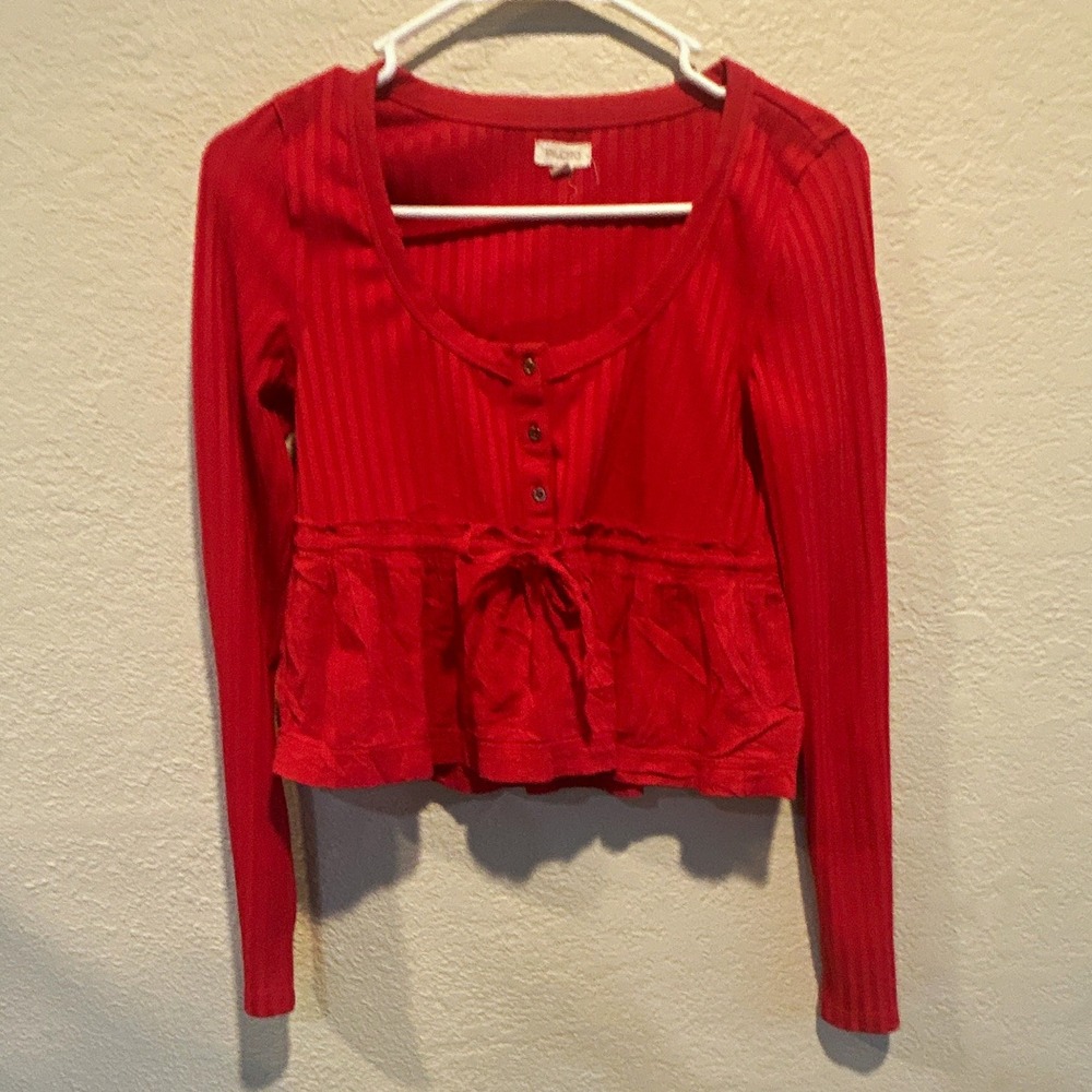 Pilcro Red Ribbed Knit Button Front Ruffle Scoop Neck Long Sleeve Top XS - Picture 1 of 3